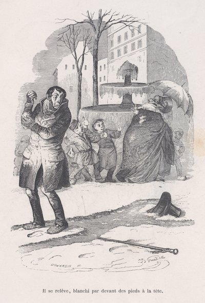 Il se lève, couvert de neige de la tête aux pieds. des Petites Misères de la vie humaine, 1843 - Jean Ignace Isidore Gérard