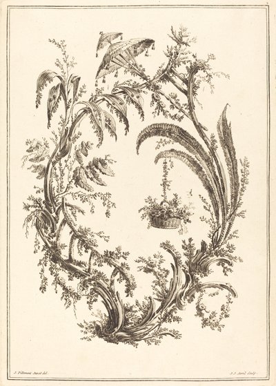 Ornement avec parasol et panier suspendu - Jean Jacques Avril I after Jean Baptiste Pillement