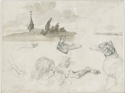 Feuille de croquis : Greyhounds ; Tête de mâle et de femelle en - Jean Louis André Théodore Géricault