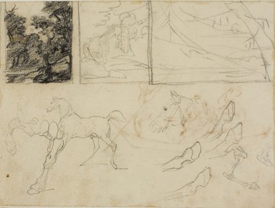 Feuille de croquis : trois paysages, chevaux et sabots - Jean Louis André Théodore Géricault