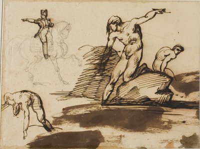 Étude de Napoléon à cheval avec croquis de nus parmi les rochers - Jean Louis André Théodore Géricault