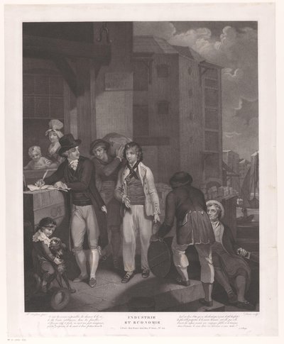 Groupe de figures devant un entrepôt dans un port - Jean Louis Darcis