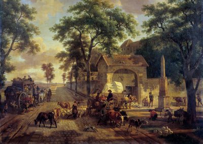 Paysage avec charrette de paysans, troupeaux et bergers - Jean Louis Demarne