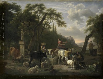 Paysage italien avec bergers et animaux à une fontaine - Jean Louis Demarne