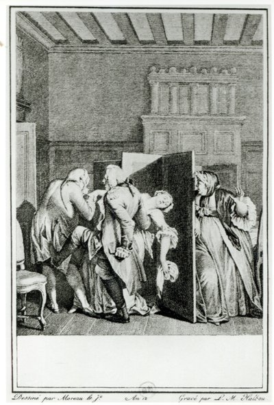 Le Baron... salua Candide avec quelques coups de pied notables sur le derrière et le chassa dehors, illustration du chapitre 1 de Candide par François Voltaire, gravé par Louis Michel Halbou - Jean Michel the Younger Moreau