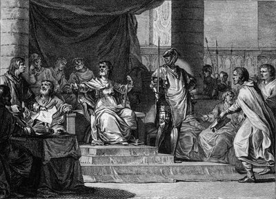 Représentation imaginaire du règne des « rois fainéants » mérovingiens : Clovis III (682-695), Childebert III (683-711) et Dagobert III (vers 697-715) sont endormis et assis derrière le maire du palais Pépin le Jeune ou d