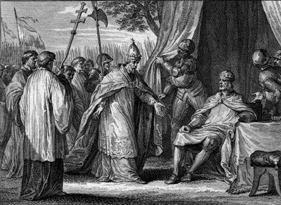 Entrevue entre le pape Grégoire IV (mort en 844) et Louis Ier le Pieux ou le Débonnaire (778-840), en 833, afin de régler le différend entre le roi et ses fils, Lothaire, Pépin et Louis. Gravure par Jean Michel Moreau, dit Moreau le Jeune (1741-1814) - Jean Michel the Younger Moreau