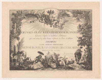Titelprent met figuren en dieren in een landschap, met het portret van Philips Wouwerman - Jean Moyreau