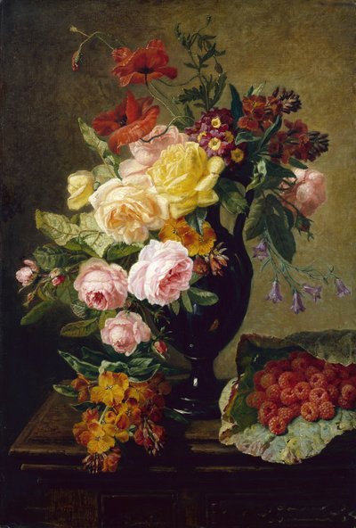 Roses, coquelicots, giroflées dans un vase avec des framboises - Jean Pierre Lays