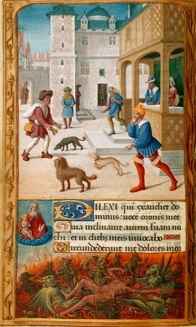 Yates Thompson 5, f.70v, Miniature avec Dives, festoyant avec sa femme et approché par Lazare, dans un paysage urbain, suivi dans la bordure inférieure par Dives tourmenté par des démons et observé par l