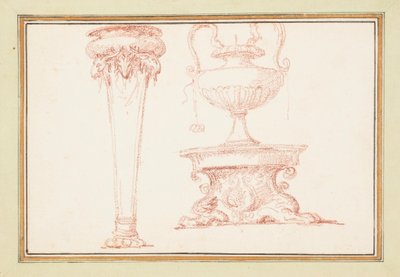 Dessin relié, Un vase et une lampe sur un support, dans Dessins d