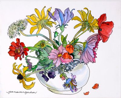 Susans aux yeux noirs, dentelle de la reine Anne et cosmos dans un bol de Chine bleu et blanc (aquarelle et encre sur papier) - Jean Swan Gordon