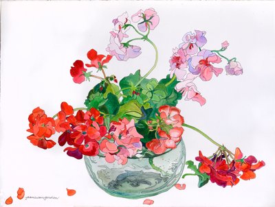 Geraniums at Ease in Glass Bowl (aquarelle et encre sur papier) - Jean Swan Gordon