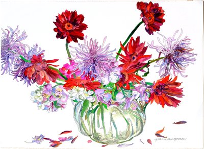 Marguerites Gerbera, étoile de Bethléem, chrysanthèmes araignée, pichet Heisey, 2000 (aquarelle et encre sur papier) - Jean Swan Gordon