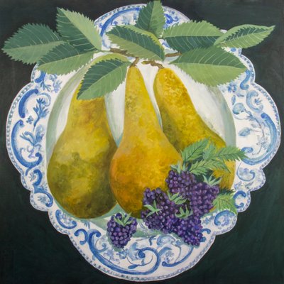 Poires dans une assiette, 2018 (acrylique sur toile) - Jennifer Abbott