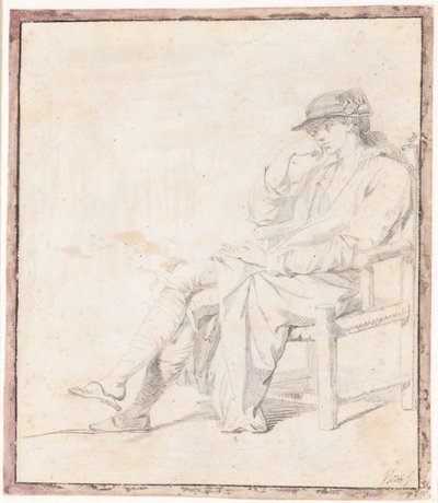 Un jeune homme en chapeau et robe de chambre. Figure entière assise, tournée vers la gauche - Jens Juel