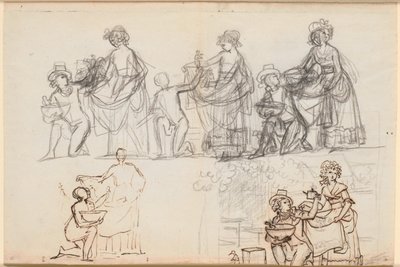 Différents croquis pour une scène de la pièce de théâtre de P.A. Heiberg "Chinafarene" - Jens Juel
