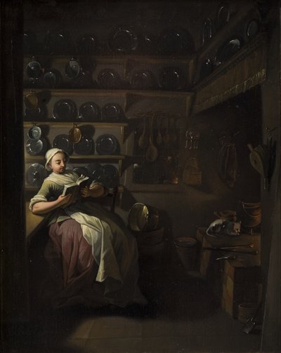 Intérieur de cuisine avec une fille lisant - Jens Juel