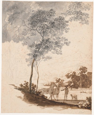 Paysage suisse avec un écuyer tenant deux chevaux et un couple de chiens; étude pour le portrait de Jean-Armand Tronchin - Jens Juel