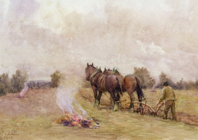 Scène de labour avec des feux dans un champ, 1910 - Jessie Hall