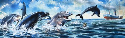 Garçon nageant avec des dauphins (gouache sur papier) - Jesus Blasco