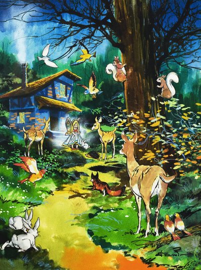 Des animaux des bois visitent une maison de fées - Jesus Blasco