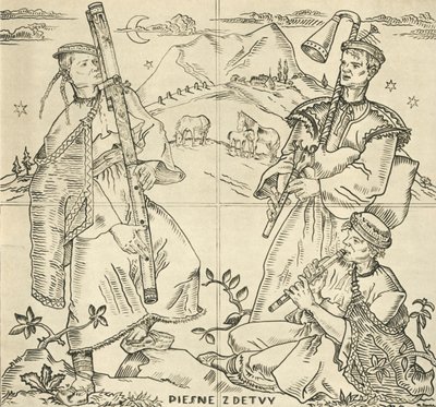 Fuyara slovaque, cornemuses et pipe. Croquis pour un travail de sgraffito sur le pont de Pietany, par State Pr - Joža Uprka