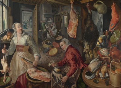 Les Quatre Éléments : Feu (Une scène de cuisine avec le Christ dans la maison de Marthe et Marie en arrière-plan) - Joachim Beuckelaer