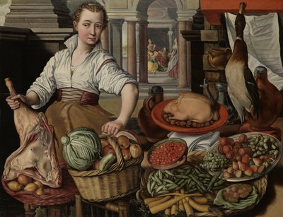 Scène de cuisine, avec Jésus dans la maison de Marthe et Marie en arrière-plan - Joachim Bueckelaer (copy after)