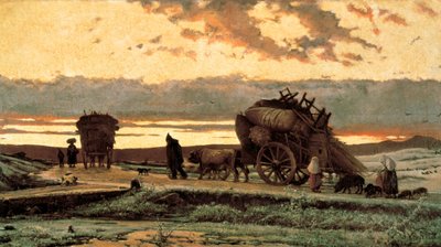 Chagrin. Douleur "" (ou hiver) : scène représentant des familles de paysans chassés de leurs terres. Peinture de Joaquim Vayreda i Vila (1843-1894). 1876. Barcelone. Musée national d