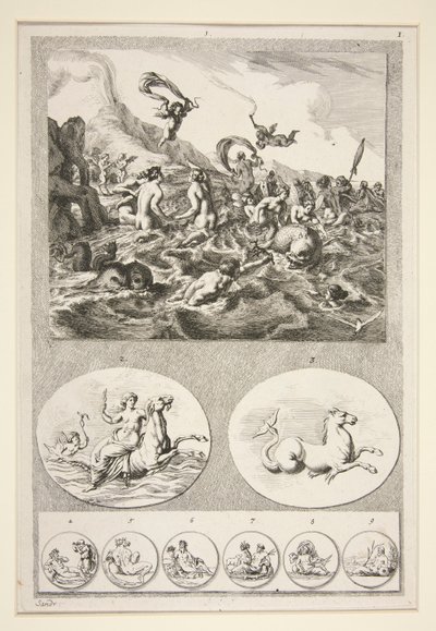 Partie supérieure : Néréides jouant Partie inférieure : Deux reliefs et six pièces - Joachim von Sandrart