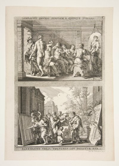 partie supérieure : COMPOSIT ZEUXES IUNONEM E QUINQUE PUELLIS partie inférieure : PARRHASIUS VELO, VOLVCRIS CEV FALLITOR VUA - Joachim von Sandrart