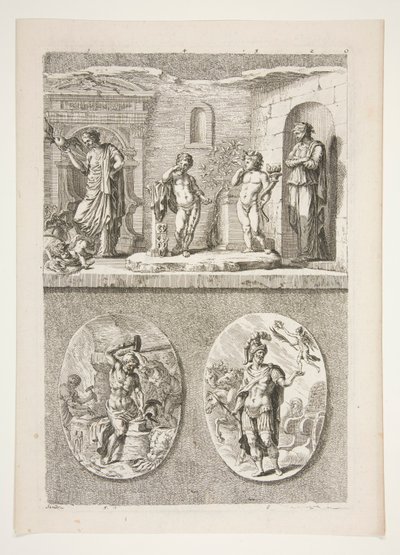 moitié supérieure : Quatre statues antiques moitié inférieure : Forge de Vulcain et un général romain victorieux - Joachim von Sandrart