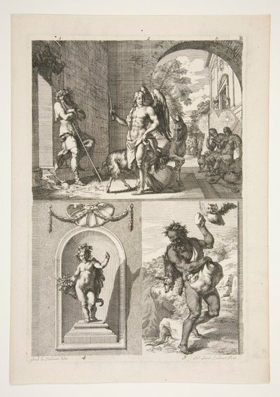 moitié supérieure : Sujet religieux inconnu moitié inférieure : Une statue de putto dans une niche et une statue de faune dans un paysage - Joachim von Sandrart