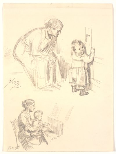 Deux études de figures. En haut, une femme assise observant un enfant à une porte; en bas, une femme avec un enfant au piano - Joakim Frederik Skovgaard