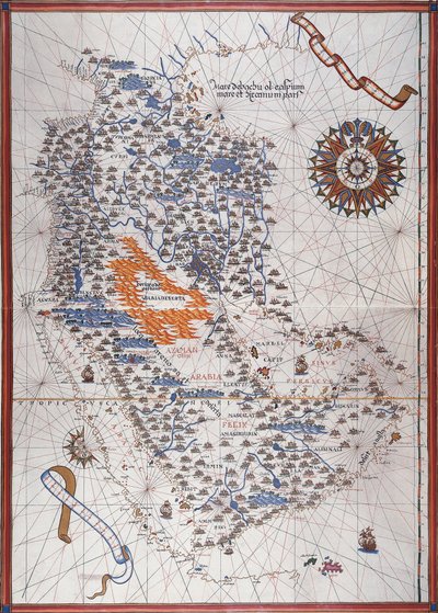 Carte de la péninsule arabique, avec rose des vents et détails des ports et côtes maritimes, dans l