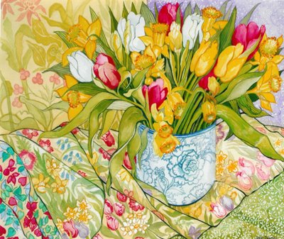 Tulipes et jonquilles avec textiles à motifs, 2000 - Joan Thewsey