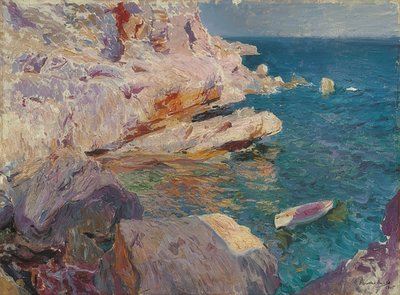 Rochers de Jávea avec bateau blanc. 1905 - Joaquín Sorolla