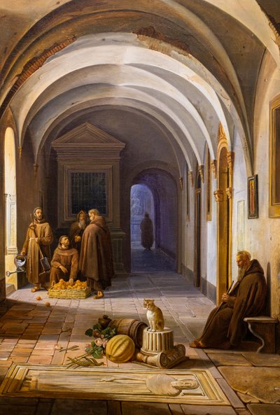 Moines franciscains dans le cloître de Santa Maria d