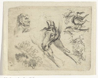 Étude de chevaux, un homme et une branche - Johan Bernard Scheffer