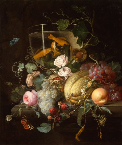 Un bol de poissons rouges, des roses, des fruits et des noix avec des insectes sur un rebord de pierre - Johan Christiaan Roedig
