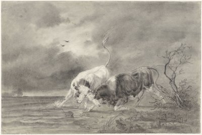 Deux taureaux se battant dans un paysage fluvial - Johan Daniël Koelman