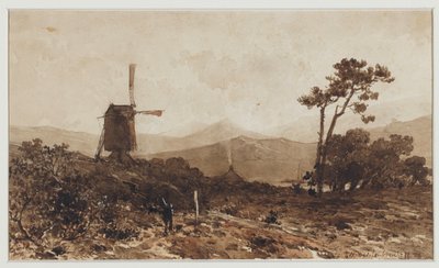 Paysage de collines avec un moulin à gauche - Johan Hendrik Weissenbruch