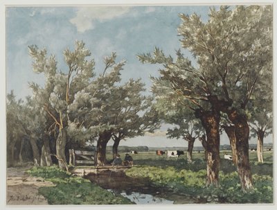Paysage avec un fossé où deux garçons pêchent - Johan Hendrik Weissenbruch