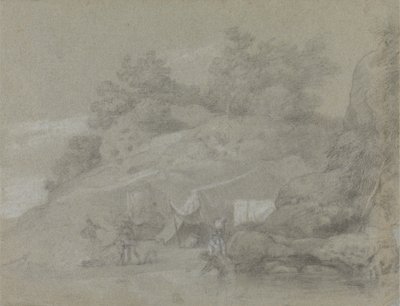 Une rivière par une rive rocheuse avec des figures, peut-être en Inde - Johan Joseph Zoffany