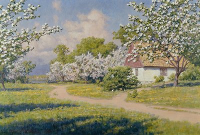 Paysage boisé avec un cottage au printemps - Johan Krouthén