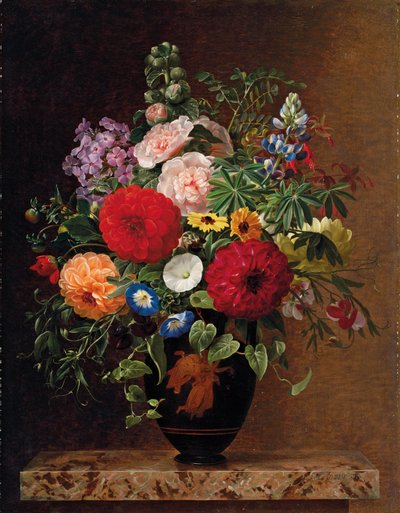 Lilas, fleurs de pommier, bleuets et œillets de poète avec un pot de violas sur un rebord, 1827 - Johan Laurents Jensen