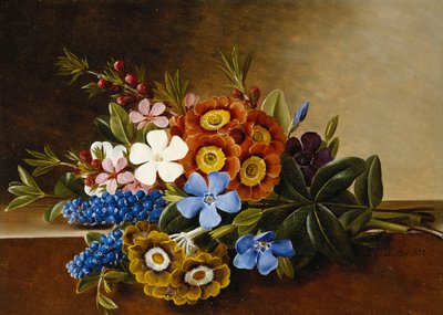 Pervenche, auricule et jacinthes sur un rebord de marbre, 1882 - Johan Laurents Jensen