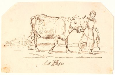 Une fille tirant une vache dans un paysage avec une église. "Petite Ada" - Johan Thomas Lundbye