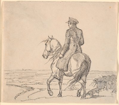 Un cavalier vu de biais de dos chevauchant vers un paysage étendu - Johan Thomas Lundbye